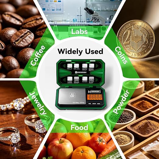 UNIWEIGH Digital Gram Scale 500g x 0.01g Accuracy Small Scale | Mini Pocket Jewelry Scale 6 Units/LCD,Weighs Small Food,Coin,Powder,Micro,Grains,Tare Function,Green(Battery Included)