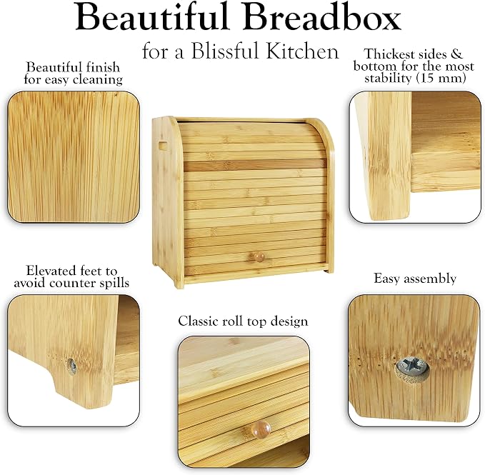 Bread Box & Bread Slicer, Bread Box for Kitchen Countertop. Roll Top, Bread Tong, 2 Layer Bread Box, Double Breadbox Bread Storage, Extra Large Bread Container