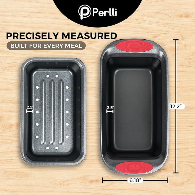 PERLLI Nonstick Meatloaf Pan with Drain Tray, Elevated Inner Pan for Fat and Grease Removal, Easy Grip Silicone Handles, Dishwasher Safe with Heavy-Duty Carbon Steel Bakeware for Even Heating (Gray)