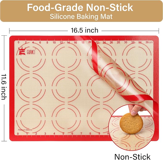 GUANCI 2 Pack Silicone Baking Mats, 11.6" x 16.5" Each, 0.7mm Thick, Food Grade Non-Stick Reusable Baking Mats & Baking Sheet Liners for Cookies, Macarons, Bread, Pizza & Pastry