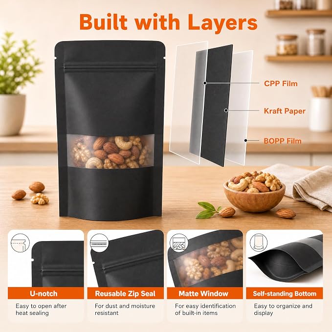 100 Pcs Black Kraft Paper Bags with Window, 7.1" x 10.2" Stand Up Pouches Bags, Food Storage Bags for Packaging Products, Reusable, Sealable