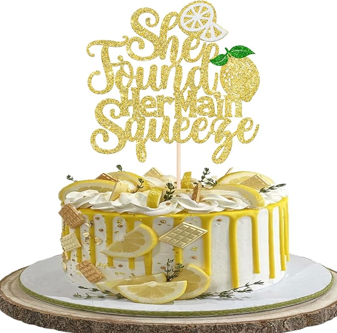 Rsstarxi 1 Pack She Found Her Main Squeeze Cake Topper Gold Glitter Bridal Shower Cake Pick for Lemon Theme Wedding Engagement Bachelorette Party Cake Decorations Supplies