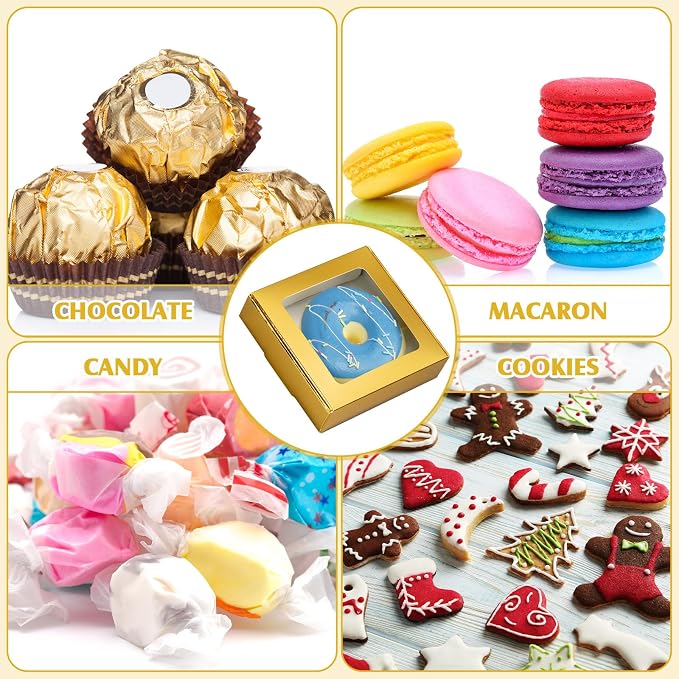 Zonon 60 Pcs Kraft Paper Boxes with Window 4.13 x 4.13 x 1.18 Inch Candy Packaging, Small Gift Boxes, Soap holder, Mini Treat Packaging for Bakery Chocolate Jewelry Display (Gold)