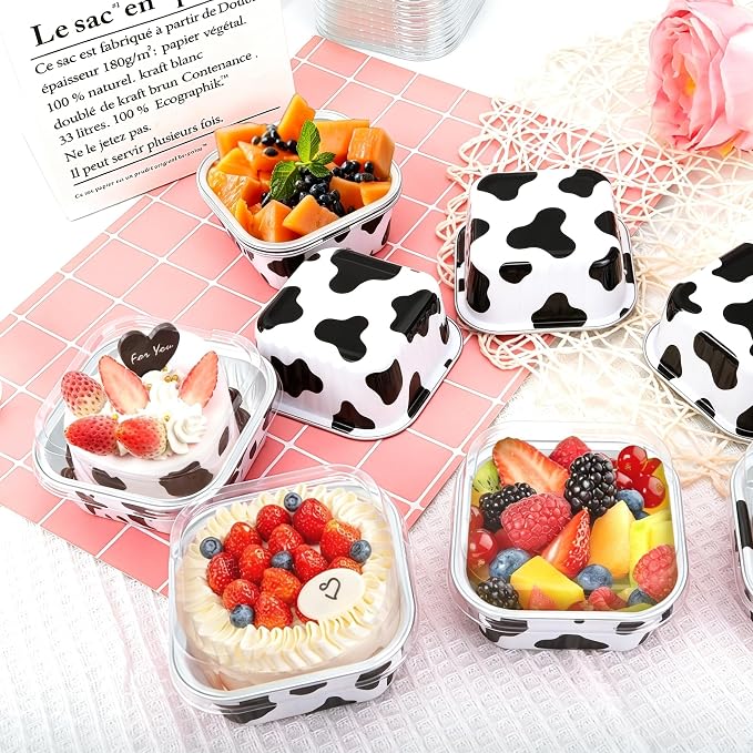 100Pack 5oz Cow Mini Cake Pans with Lids Baking Cups Aluminum Foil Pans Tins, Individual Dessert Cups Containers for Sales,Party,Picnics