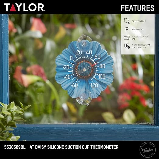 Taylor Daisy Dial Thermometer, 4-Inch Indoor Outdoor Silicone Suction Cup Thermometer, Weather-Resistant Temperature Gauge for Patio, Pool, Garden, or Garage, Blue