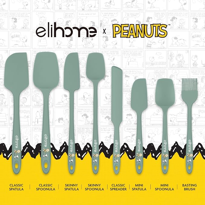 Elihome × Peanuts Silicone Basting Brush (8.75”) – Heat Resistant to 600°F, Food-Grade Platinum Silicone, Seamless 1-Piece Design, Non-Stick Safe, Dishwasher Safe, Sage Green
