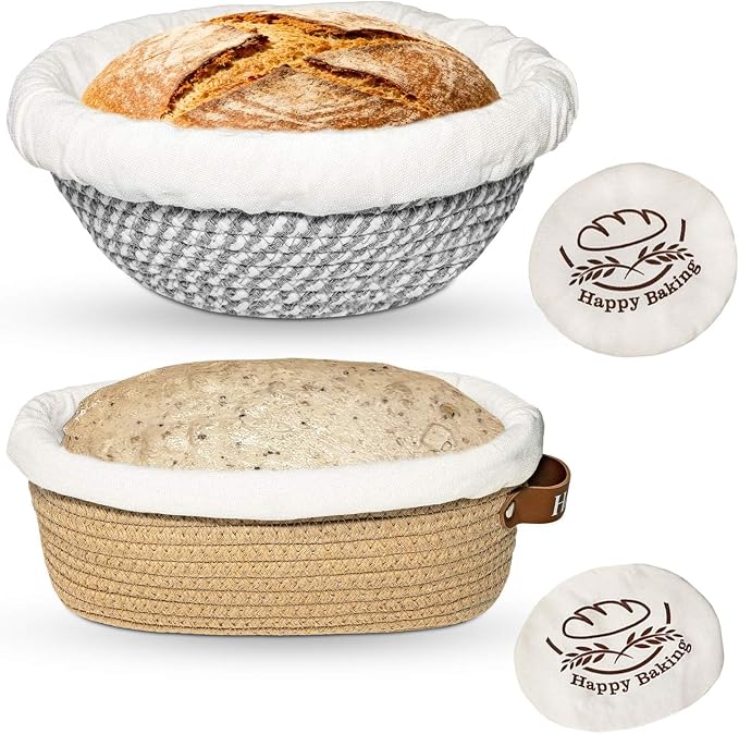 Banneton Bread Proofing Basket Sourdough Basket Cotton Rope Bread Baskets | Howasai Sourdough Proofing Basket, 9''Round & 10''Oval Banneton Baskets With Liners & Covers, Cotton Rope Bread Baskets