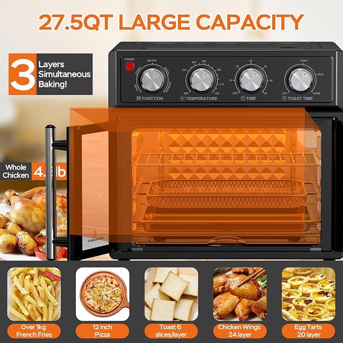PlumChef 27.5 Quart Air Fryer Convection Toaster Oven, Black | Extra Large, 6 Slices, French Door, 1700W, Multifunction: Air Fryer, Toast, Grill, Defrost, Bake