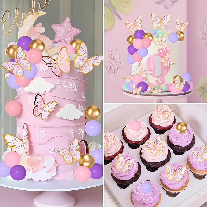 Pink Purple Butterfly Cake Toppers 47Pcs Pastel Balls Cake Toppers Butterflies Cupcake Decoration Balls Cupcake Insert Foam Balloons Cake Topper for Baby Shower Wedding Bridal Shower Party