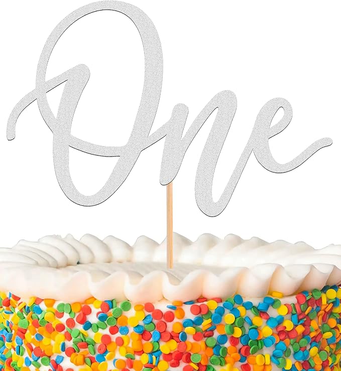 MYAMPED First Birthday Cake Topper - Glitter Silver 'One' Sign, Suitable for Baby Shower Favors, Baby Gender Reveal, Birthday Party or Photo Booth Props