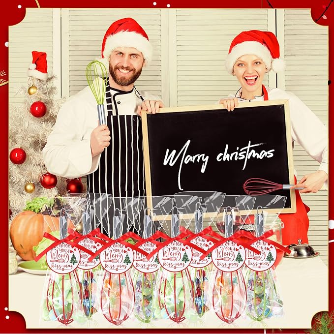 FoldTier 72 Sets 10 Inch Christmas Whisks Gifts DIY Fillable Christmas Tree Ornaments Xmas Colored Silicone Whisks for Cooking Heat Resistant Egg Beaters with Card Rope Bag for Candy Holder