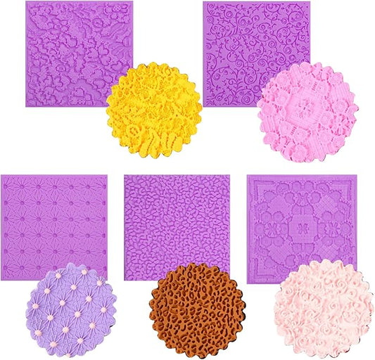 Silicone Texture Mats for Cake Decorating, Fondant Impression Mat, Cake Silicone Embossing Molds, Purple Lace Pattern for Cupcake Topper Clay Texture Stamp Birthday Set of 5