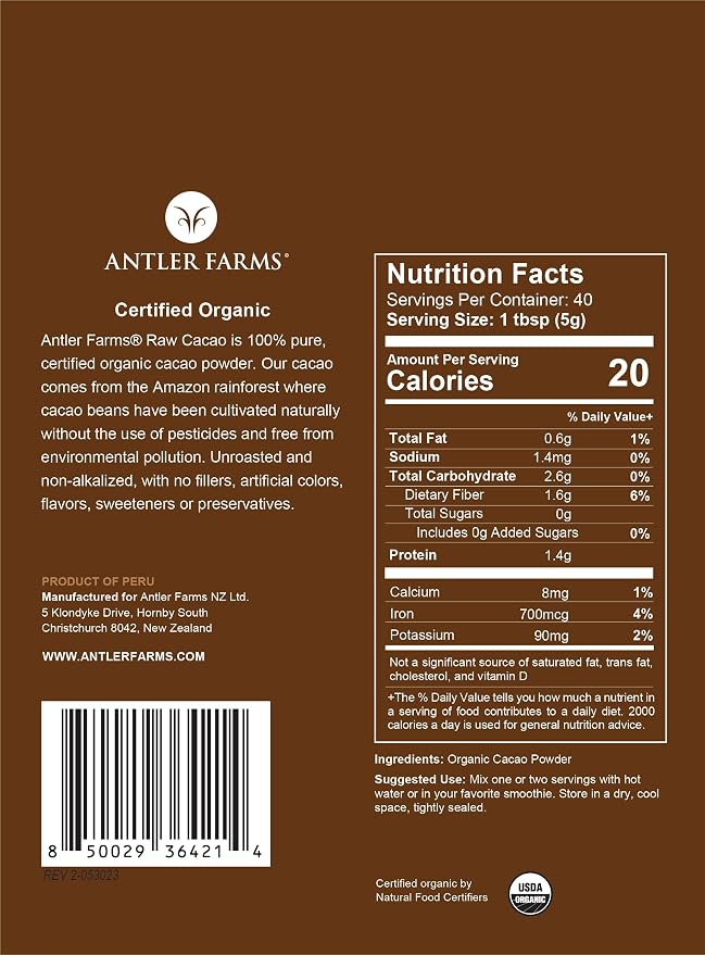 Antler Farms - 100% Pure Organic Raw Cacao Powder, 40 servings, 200g - Vegan, Gluten Free, Cultivated Naturally in Amazon Rainforest, Certified USDA Organic (Pack of 2)