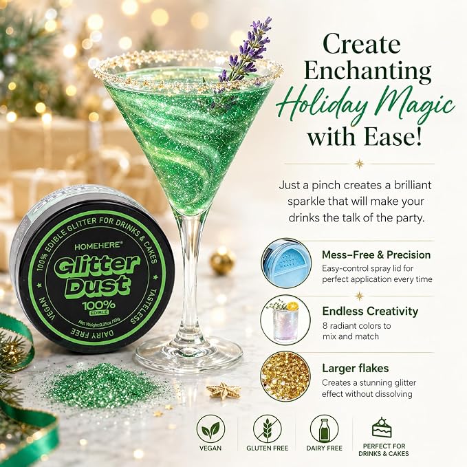 HomeHere Edible Glitter for Drinks & Cakes, 10g Food Grade Disco Diamond Glimmer Dust, Sparkle Powder for Cocktails, Chocolate, Baking Decorations, Vegan& Tasteless (Verdancy)