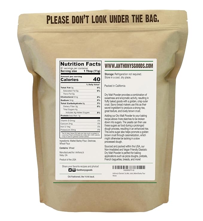 Anthony's Diastatic Dry Malt Powder, 1.5 lb, Made in the USA, Diastatic, Malted Barley Flour