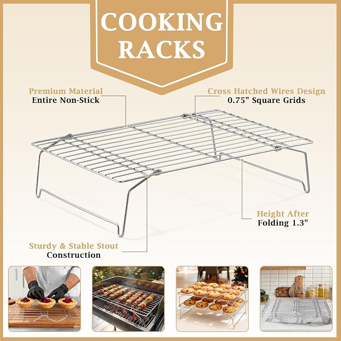 LIANYU Cooling Rack 15"x10", 5-Tier Stackable & Collapsible Stainless Steel Baking Wire Racks for Cooking, Baking, Roasting, Drying, Oven & Dishwasher Safe, Silver
