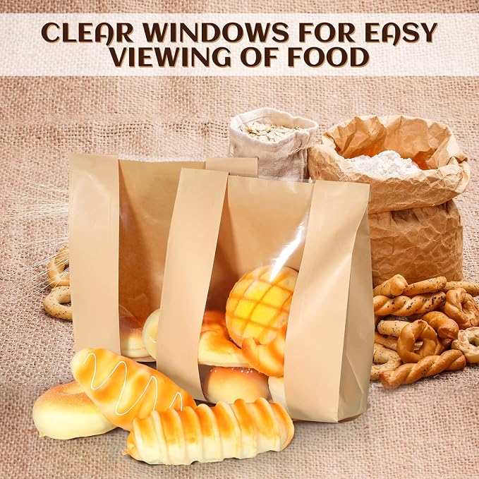 Meanplan 150 Pcs Bakery Bags with Window Large Paper Bread Bags Bulk for Homemade Bread Kraft Packaging with 10 Sheets Stickers for Sourdough Loaf Cookie Food 12 x 8.3 x 3.5 Inch
