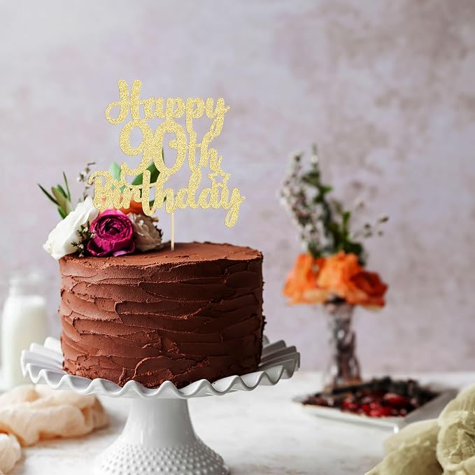Gyufise 1Pc Happy 90th Birthday Cake Topper Glitter 90 & Fabulous Cheers to 90 Years Old Birthday Cake Pick for Celebrating 90th Birthday Anniversary Party Cake Decorations Supplies Gold