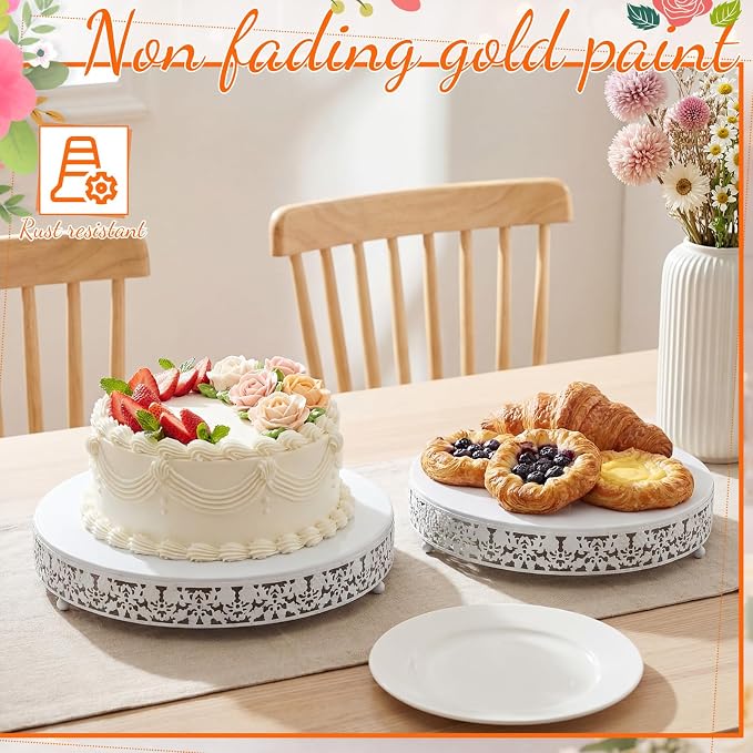 Wenqik 2 Pack Cake Stand Set, 14/16 Inch Metal Round Cupcake Dessert Stand Decorative Elegant Cake Display for Weddings Party Birthday Baby Showers Anniversary(Classic Floral,White)
