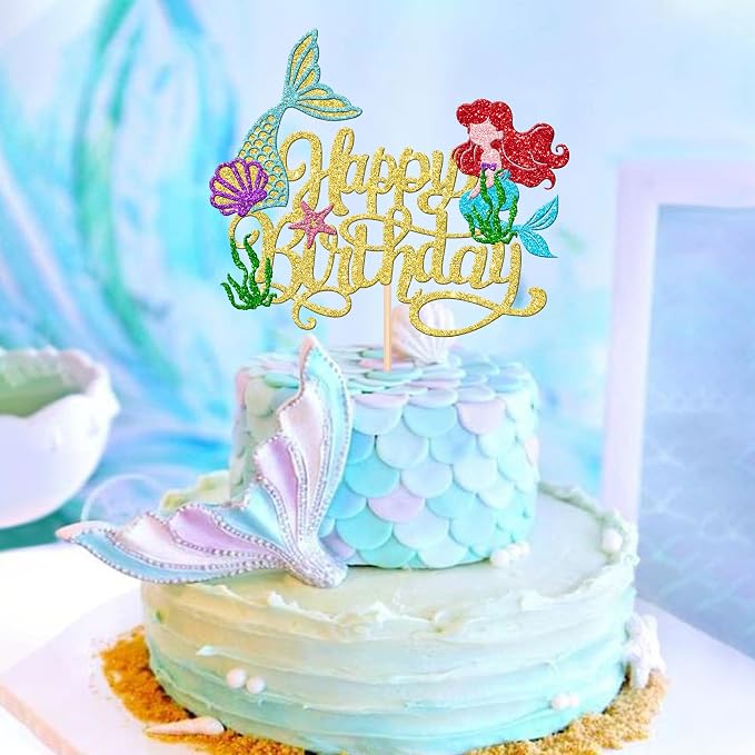 1 PCS Mermaid Happy Birthday Cake Topper - Glitter Mermaid Tail Cake Decoration with Ocean Starfish, Seawood, Seashells for Under the Sea Theme Baby Shower Birthday Party Supplies - Gold