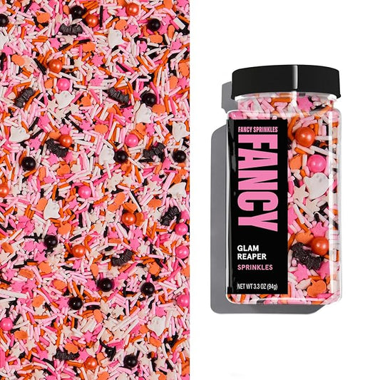 Fancy Sprinkles Glam Reaper Sprinkles | Pink, Orange, Black & White Jimmies | Bat & Pumpkin Shaped Candy | Halloween Cake, Cupcake & Cookie Decorating | 1 Pack (0.5c)