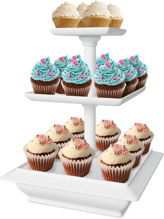 3-Tier Cupcake Stand - Square Display Stand for Birthday, Tea Party, Wedding, or Baby Showers - Dessert Table Display Set (White)