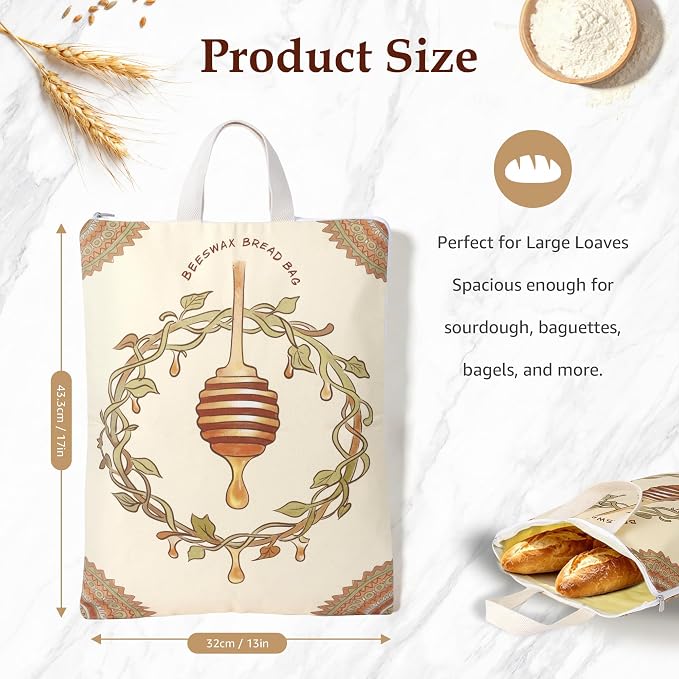 2 Pack Beeswax Bread Bags for Sourdough, 17x13 Inch Reusable Cotton Bread Storage Bags with Zipper and Handle Natural Beeswax Lining Freezer Friendly with 10 Food Labels Included (Honey Vine)