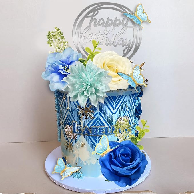 19 PCS Flower Cake Toppers Butterfly Cake Decorations Happy Birthday Cake Toppers with Artificial Blue Rose Flowers Eucalyptus Butterflies for Girls Birthday Party Wedding Baby Shower Supplies (Blue)