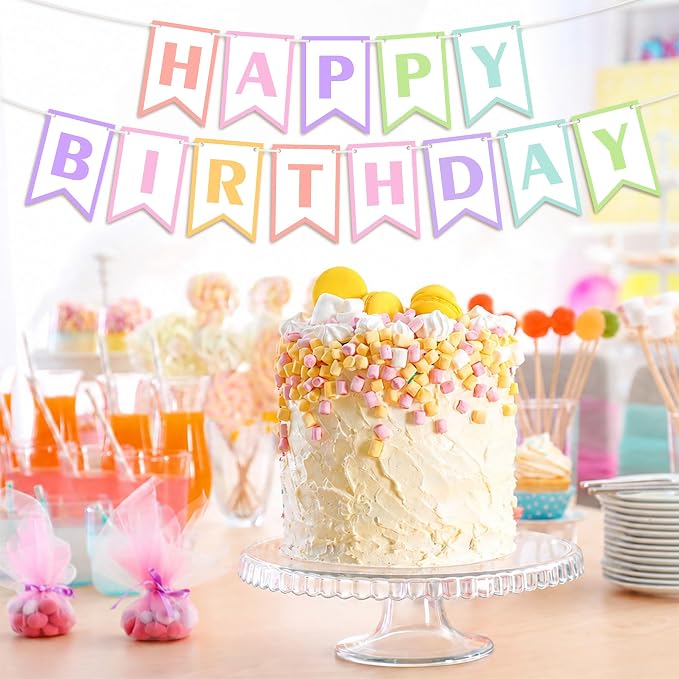 Happy Birthday Banner 8ft Pastel Macaron Party Decorations, Easy Assembly Birthday Sign Garland Kit for Women Girls Kids, Hanging Bunting Banner for Wall Door Celebration Decor