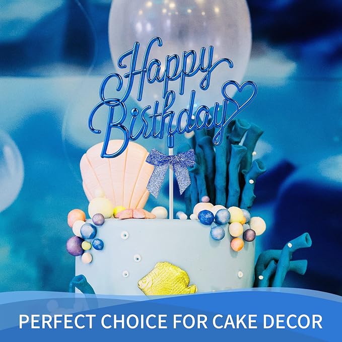 Royal Blue Happy Birthday Cake Topper Plastic - 3D Double Sided Cursive Happy Birthday Sign for Cake with Bow, Idea for Cake Decoration (ROYAL BLUE)