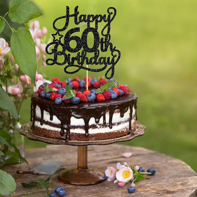 1 Pack Happy 60th Birthday Cake Topper Black Glitter 60 & Fabulous Cheers to 60 Years Old 60th Birthday Cake Pick for Celebrating 60th Birthday Anniversary Party Cake Decorations Supplies
