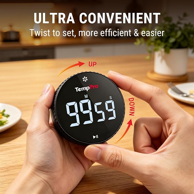 TempPro Digital Kitchen Timer, Magnetic Countdown Timer with Easy-Twist Knob, Loud Alarm & Silent Mode, Large LED Display, Cooking Timers for Classroom, Teachers, Kids & Seniors (Previously ThermoPro)