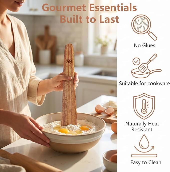 2 Pack Teak Wooden Flat Spatulas – Dough Whisk & Sourdough Scraper, Heat-Resistant Utensils for Flipping, Stirring, and Turning on Cast Iron & Non-Stick Pans