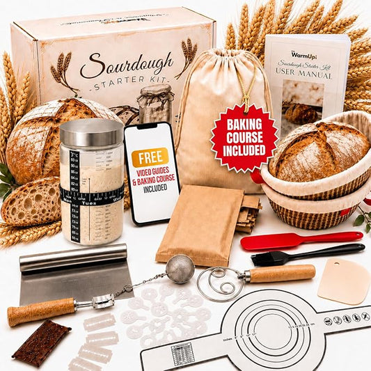 TheWarmUp Sourdough Starter Kit for Beginners with Baking Course & Video Guides, Large 40 oz Glass Jar, 10" Oval and 9" Round Bannetons, Danish Whisk, Lame, Dough & Bowl Scraper, 16 Stencils