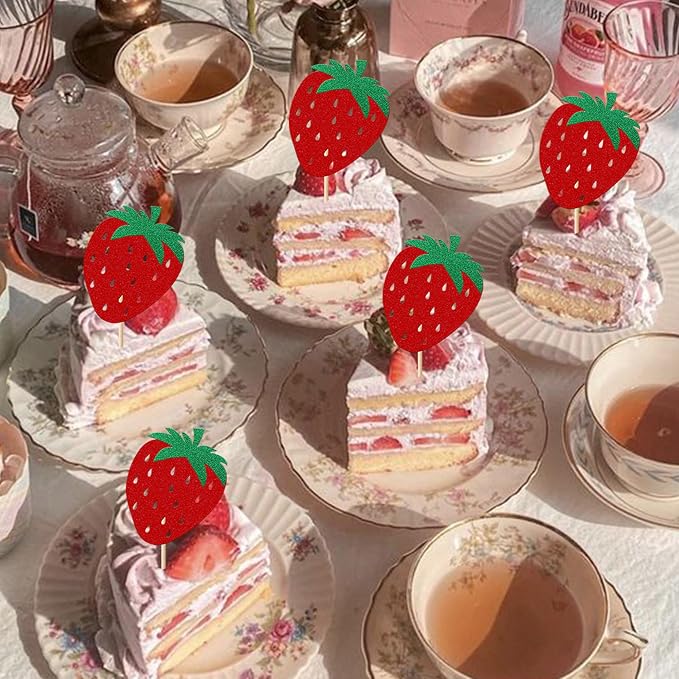 24 Pack Strawberry Cupcake Toppers Glitter Birthday Strawberry Cupcake Picks for Fruit Baby Shower Kids Birthday Summer Berry Cupcake Decorations Party Supplies Red