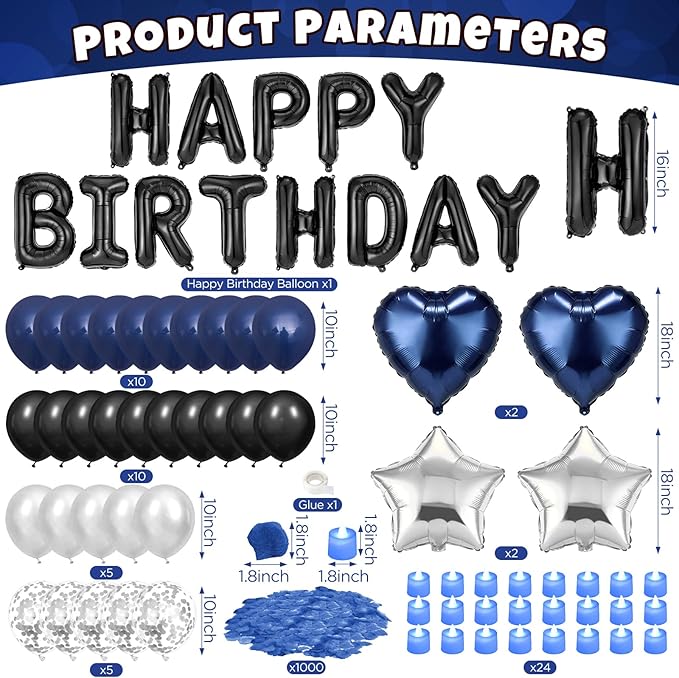 Blue Black Happy Birthday Balloons Decorations Navy Blue Black Birthday Balloon Letters Banner with Star Heart Balloons Artificial Rose Petals 24 Flameless LED Candles for Birthday Party Supplies