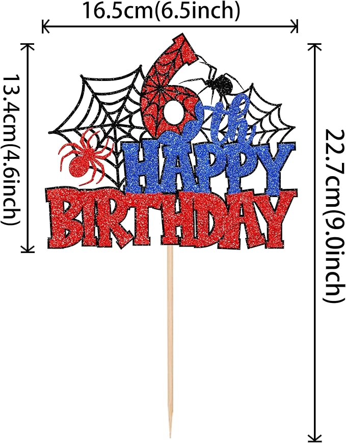 1 PCS Happy 6th Birthday Cake Topper Glitter Spider Web Cheers to 6 Years Six Birthday Cake Pick Superhero Spider Party Decorations for Boys Girls Happy 6th Birthday Party Cake Decorations Supplies