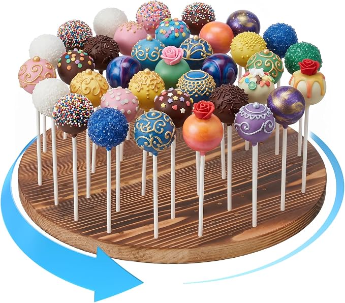 Revolving Cake Pop Holder with 100 Sticks, 97-Hole Wood Lollipop Holder with Rotatable Base, Lollipop Table Display Stand, Round Cake Pop Drying Stand, for Wedding Birthday Holiday Parties Decor
