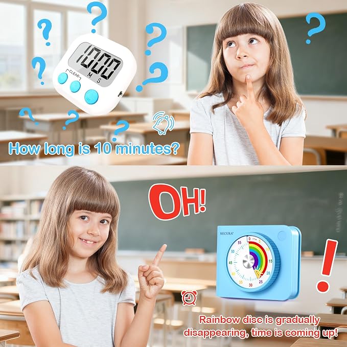 Secura Rainbow Visual Timer for Kids, 60-Minute Countdown Timer | ADHD Timer for Time Management, No Ticking for Focus, Mute & Beep Alert Modes, Pause function, Magnetic Backing, Stand (Blue)