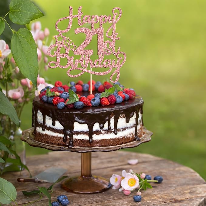 1 Pack Happy 21st Birthday Cake Topper - Rose Gold Glitter '21 & Fabulous' - Cheers to 21 Years Old Cake Pick for Celebrating Anniversary Party Decorations Supplies