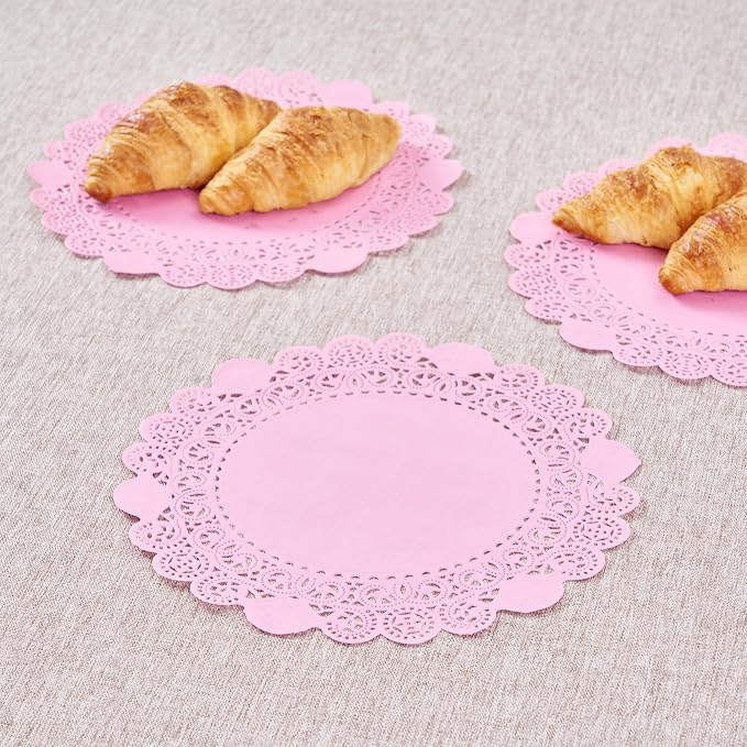 Pastry Tek 8 x 8 Inch Paper Lace Doilies, 100 Disposable Table Doilies - Elegant Lace Finish, Long Lasting, Pink Paper Doily, for Pastries, Cupcakes, Desserts - Restaurantware