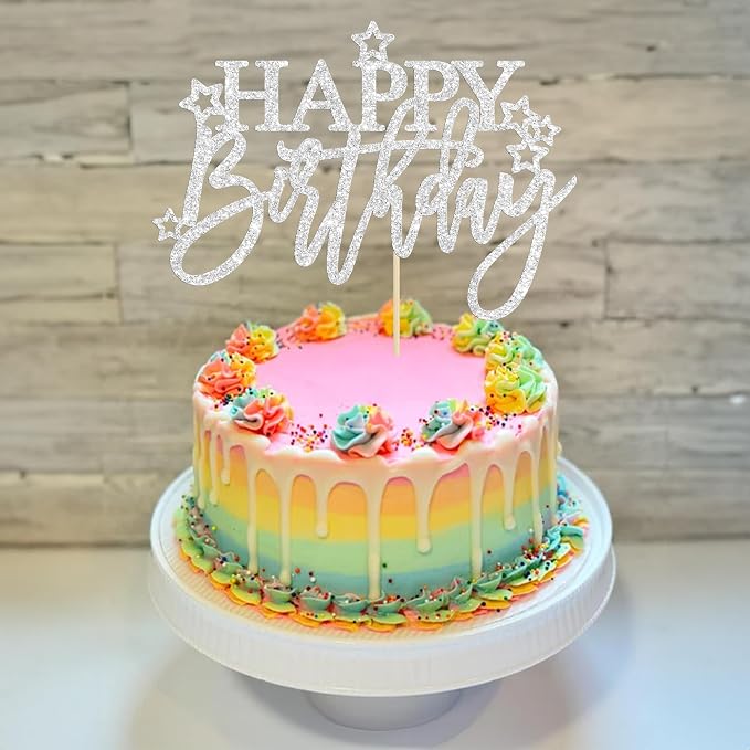 Gyufise 1Pcs Happy Birthday Cake Topper Glitter Cake Pick for Celebrating Anniversary Theme Party Cake Decorations Supplies Light Silver