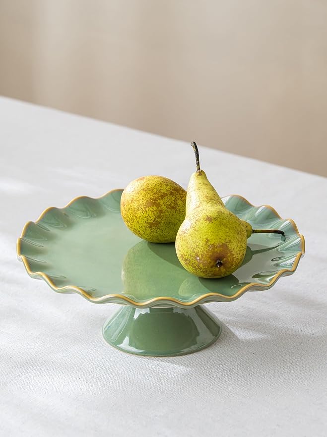 Cake Stand Ceramic, Small Cake Stand for 8 Inch Cake, Vintage Dessert Stand with Ruffle Trim for Mother's Day, Decorative Pedestal Cake Plate Cupcake Stand for Tea Party, Teal