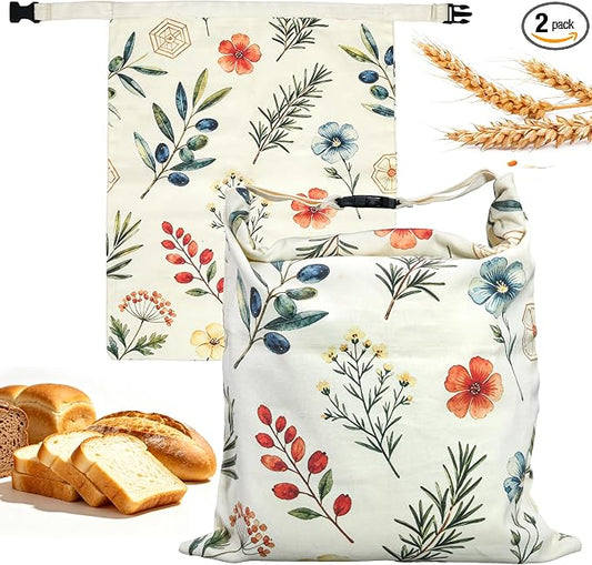 Beeswax Bread Bags for Sourdough & Homemade – Reusable | Natural linen bread storage, 17x13 in. Roll & buckle closure. Freezer safe. 2-pack.