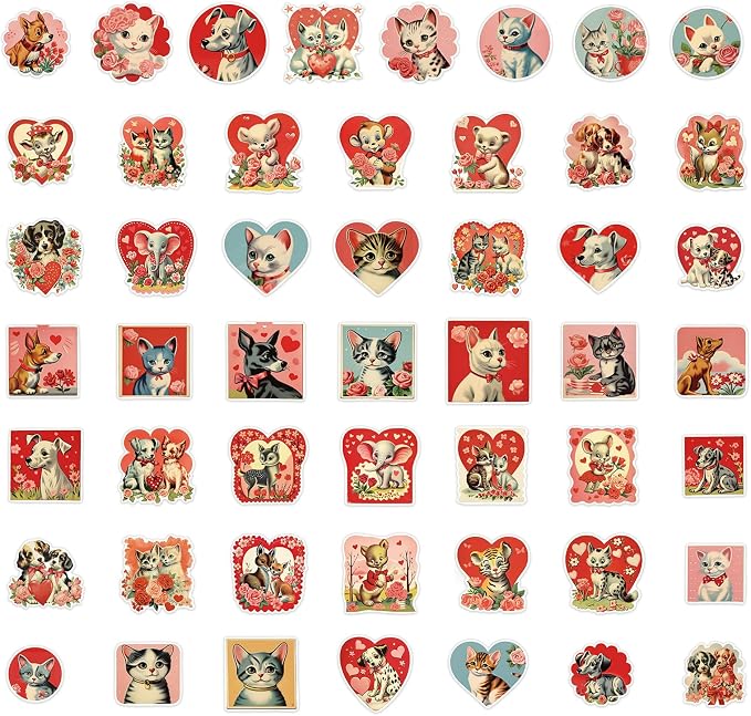 FaCraft 50PCS Love Stickers for Scrapbooking - Cute Animal Aesthetics Sticker for Phone Caps Luggage Envelope Laptop Water Bottles Boxes Cat Dog Valentines Stickers for Couples Adults Teens Kids Women