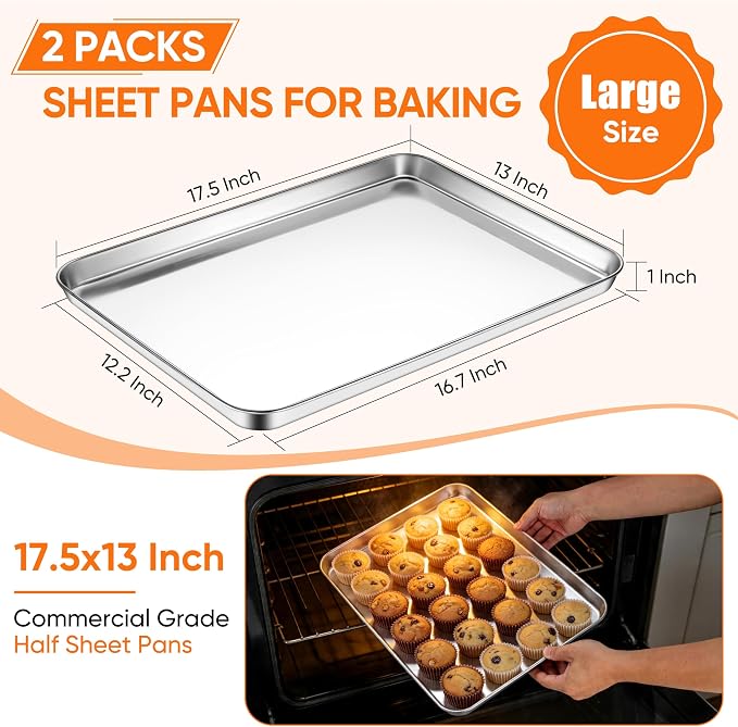 LIANYU 2 Pack Stainless Steel Cookie Sheet Pans, Commercial Grade Baking Sheet, 17.5x13 Inch Half Sheet Pan, Professional Bakeware Cookie Tray, Mirror Finish & Non Toxic & Easy Clean