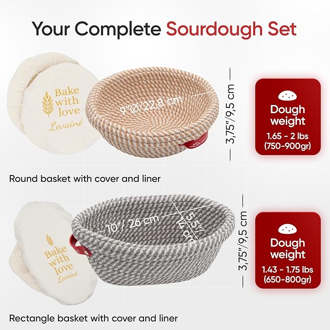 Levainé 2 Pack Cotton Rope Banneton Bread Proofing Basket Set, Round & Oval Sourdough Proofing Baskets with Liners and Covers, Washable Bread Baking Supplies for Homemade Artisan Bread