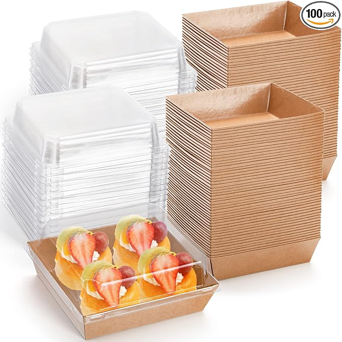 Hiceeden 100 Pack Charcuterie Boxes with Clear Lids, 5.4"×5"×2.5" Paper Bakery Dessert Sandwich Box, Disposable Square Food Containers for Cookies, Donuts, Muffins, Salad, and Pastry, Brown