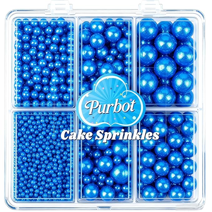 Blue Pearl Sprinkles for Cake Decorating, 4 Sizes Sugar 130g/4.6oz, Cupcake, Ice Cream, Donuts, Macaron Toppings Supplies (2mm, 4mm, 7mm, 1cm)