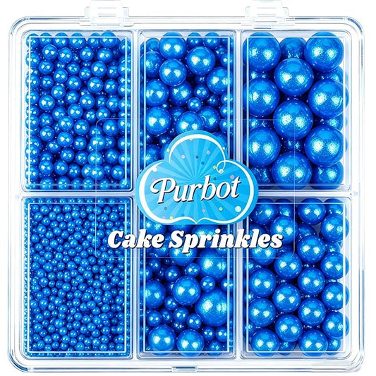 Blue Pearl Sprinkles for Cake Decorating, 4 Sizes Sugar 130g/4.6oz, Cupcake, Ice Cream, Donuts, Macaron Toppings Supplies (2mm, 4mm, 7mm, 1cm)